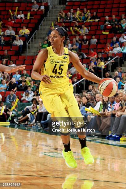 Noelle Quinn of the Seattle Storm handles the ball against the Connecticut Sun on June 15, 2018 at Key Arena in Seattle, Washington. NOTE TO USER:...
