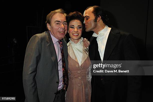 Andrew Lloyd Webber, Sierra Boggess and Ramin Karimloo pose backstage following the world premiere of "Love Never Dies" at the Adelphi Theatre on...