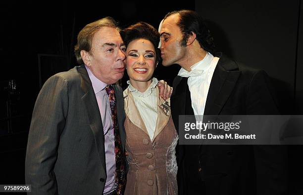 Andrew Lloyd Webber, Sierra Boggess and Ramin Karimloo pose backstage following the world premiere of "Love Never Dies" at the Adelphi Theatre on...