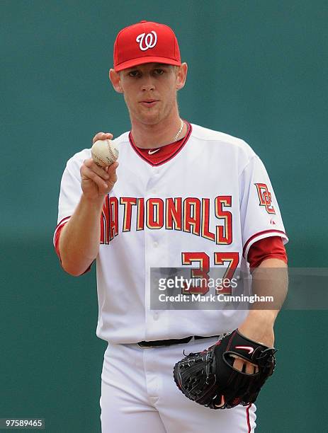 Stephen Strasburg of the Washington Nationals pitches against the Detroit Tigers during a spring training game at Space Coast Stadium on March 9,...