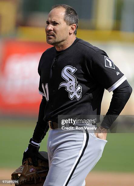 Omar Vizquel of the Chicago White Sox looks on during the game against the San Francisco Giants during a spring training game at Scottsdale Stadium...