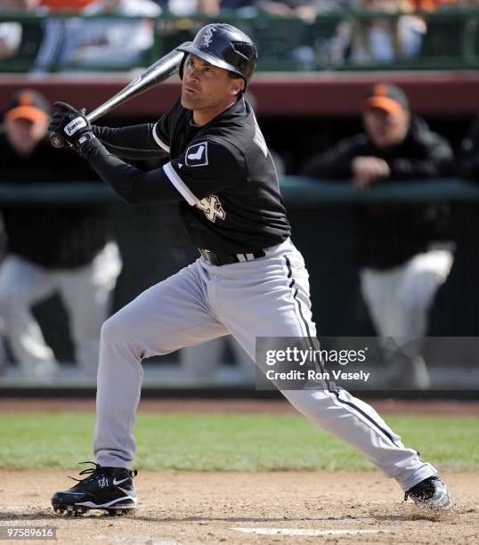 Omar Vizquel of the Chicago White Sox bats against the San Francisco Giants during a spring training game at Scottsdale Stadium March 9, 2010 in...