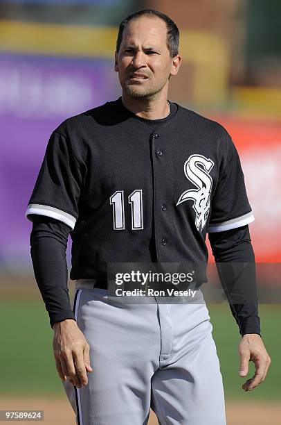 Omar Vizquel of the Chicago White Sox looks on during the game against the San Francisco Giants during a spring training game at Scottsdale Stadium...