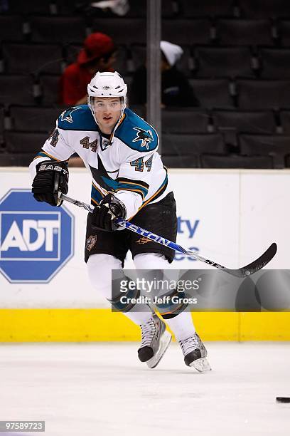 Marc-Edouard Vlasic of the San Jose Sharks skates prior to the start of the game against the Los Angeles Kings at Staples Center on January 11, 2010...