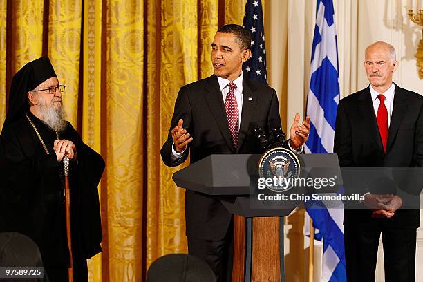 President Barack Obama delivers remarks marking Greek Independence Day with Archbishop Demetrios , Primate of the Greek Orthodox Church in America,...