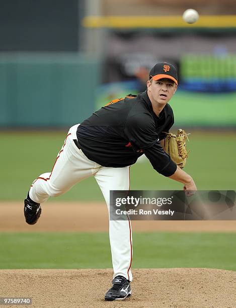 Matt Cain of the San Francisco Giants pitches against the Chicago White Sox during a spring training game at Scottsdale Stadium March 9, 2010 in...