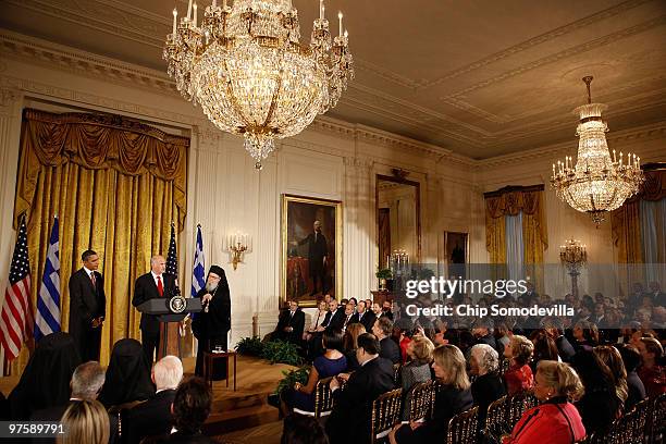 Greek Prime Minister George Papandreou delivers remarks during an event marking Greek Independence Day with U.S. President Barack Obama and...