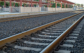 Angled view of empty locomotive train tracks at a station platform at sunset