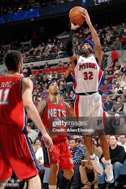 Richard Hamilton of the Detroit Pistons takes a jump shot against Courtney Lee of the New Jersey Nets during the game at the Palace of Auburn Hills...