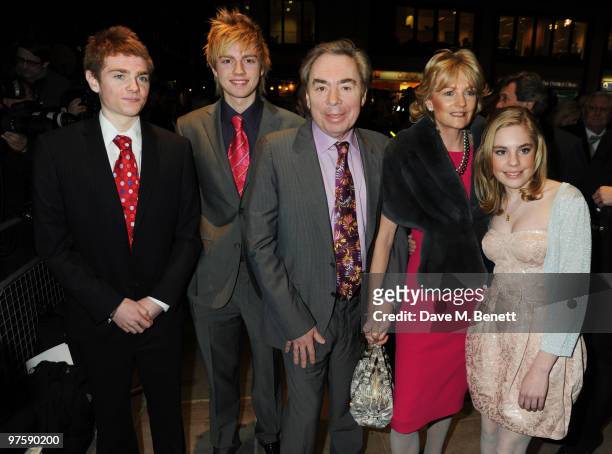 Andrew Lloyd Webber with his wife Madeleine and children arrive at the world premiere of "Love Never Dies" at the Adelphi Theatre on March 9, 2010 in...