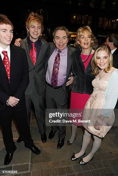 Andrew Lloyd Webber with his wife Madeleine and children arrive at the world premiere of "Love Never Dies" at the Adelphi Theatre on March 9, 2010 in...