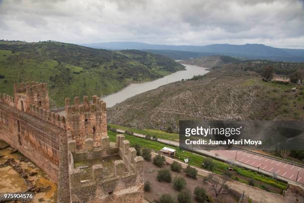 view of the swamp of baños de la encina from burgalimar castle , province of jaén. spain. - jaen province stockfoto's en -beelden