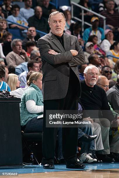 Head coach Rick Adelman of the Houston Rockets looks on from the sideline during the game against the New Orleans Hornets on February 21, 2010 at the...