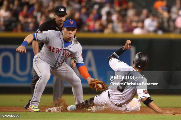 Infielder Asdrubal Cabrera of the New York Mets tags out Jon Jay of the Arizona Diamondbacks as he attempts to steal second base during the sixth...