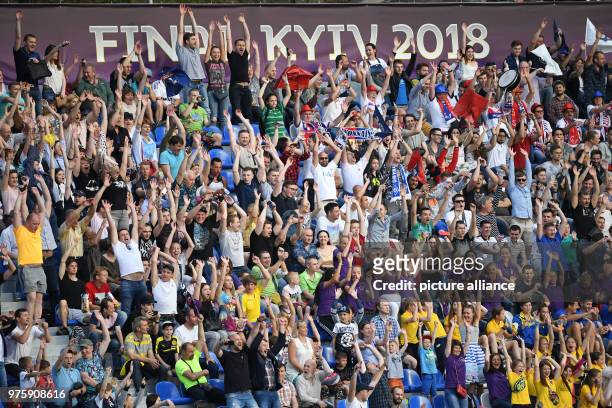 May 2018, Ukraine, Kiev: Women's football, Champions League, VfL Wolfsburg vs Olympique Lyon at the Valeriy Lobanovskyi Dynamo Stadium. Fans in the...