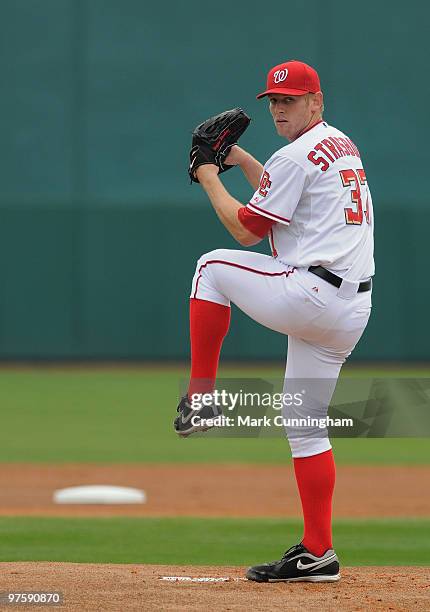 Stephen Strasburg of the Washington Nationals pitches against the Detroit Tigers during a spring training game at Space Coast Stadium on March 9,...