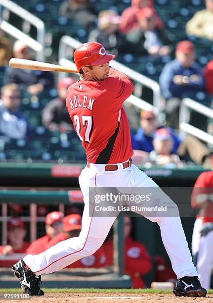 Scott Rolen of the Cincinnati Reds bats during a Spring Training game against the Arizona Diamondbacks on March 9, 2010 at Goodyear Ballpark in...