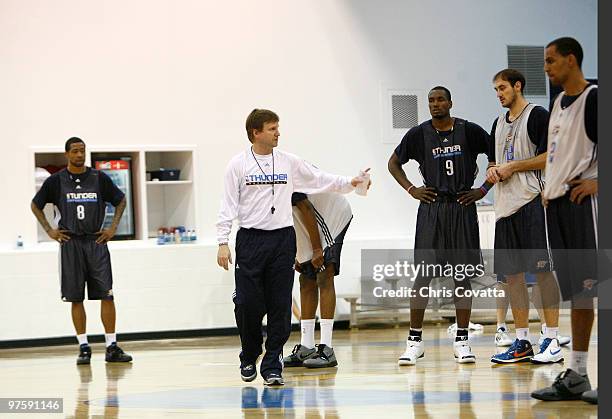 Head coach Scott Brooks of the Oklahoma City Thunder gives instructions to his team during practice on March 9, 2010 at the Integris Health Thunder...