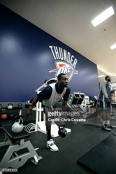 Jeff Green of the Oklahoma City Thunder works out during practice on March 9, 2010 at the Integris Health Thunder Training Center in Edmond, OK. NOTE...