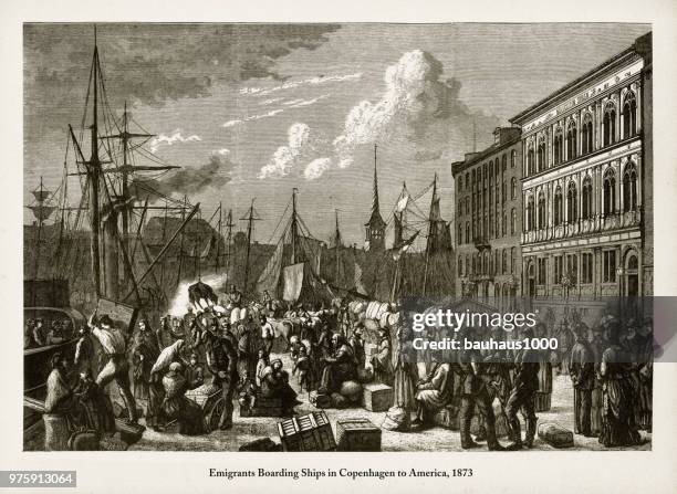 immigrants boarding a ships in copenhagen to america, 1873 engraving - anticipation stock illustrations