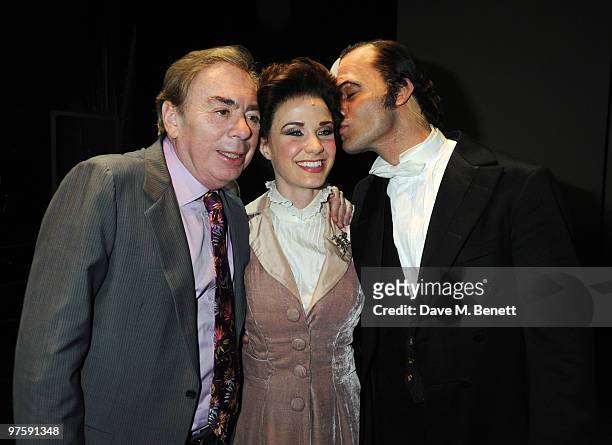 Andrew Lloyd Webber, Sierra Boggess and Ramin Karimloo pose backstage following the World Premiere of 'Love Never Dies', at the Adelphi Theatre on...