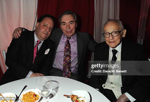 Jimmy Nederlander Jr, Andrew Lloyd Webber and Jimmy Nederlander attend the afterparty following the world premiere of "Love Never Dies" at the Old...