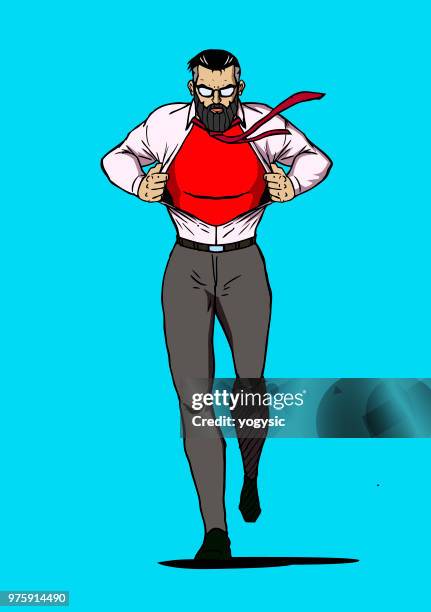 vector retro bearded man transforms into superhero while walking illustration - man changing clothes stock illustrations