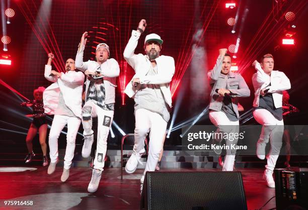 Kevin Richardson, Brian Littrell, AJ McLean, Howie Dorough and Nick Carter of The Backstreet Boys perform onstage during 2018 BLI Summer Jam at...