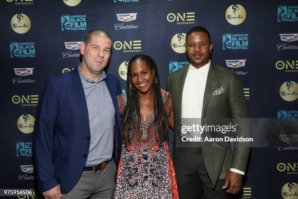 Eric Tomosunas, Terri J. Vaughn and Hosea Chanchez attend TV One Private Dinner during American Black Film Festival 2018 at Mondrian South Beach on...