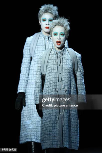 May 2018, Germany, Mannheim: Ji Yoon as researcher and Aki Hashimoto as doppelgänger standing on stage in the national theatre at the rehearsals for...