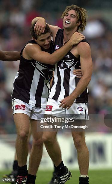 Brodie Holland and Shane O''Bree for Collingwood during the second round match of the Ansett Cup between the West Coast Eagles v Collingwood played...