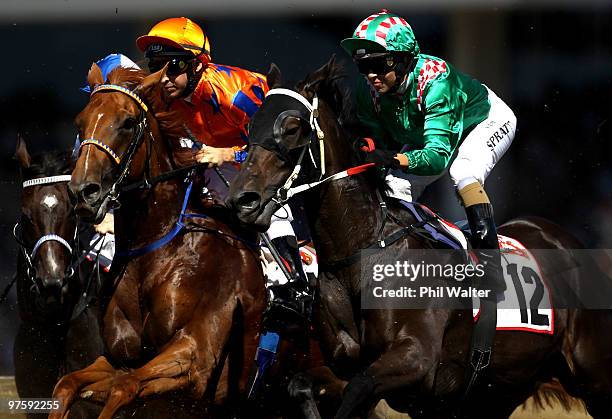 Sam Spratt rides Savabeel Star in the Mercedes-Benz Sunline Vase during the Auckland Cup Day meeting at Ellerslie Racecourse on March 10, 2010 in...