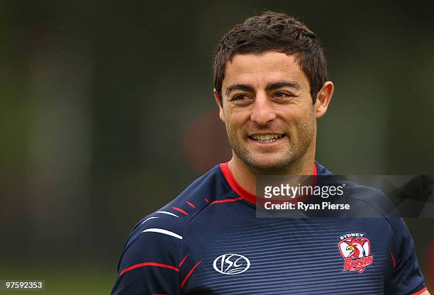 Anthony Minichiello of the Roosters looks on during a Sydney Roosters NRL training session at Lakeside Oval on March 10, 2010 in Sydney, Australia.