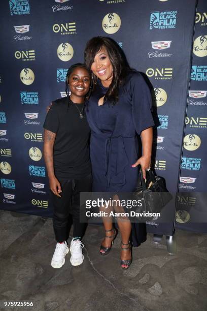 Bre-Z and Kym Whitley attend TV One Private Dinner during American Black Film Festival 2018 at Mondrian South Beach on June 15, 2018 in Miami,...