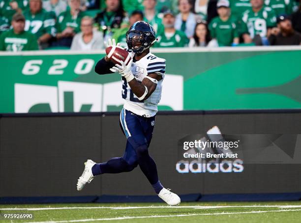 James Wilder Jr. #32 of the Toronto Argonauts makes a catch in the game between the Toronto Argonauts and Saskatchewan Roughriders at Mosaic Stadium...