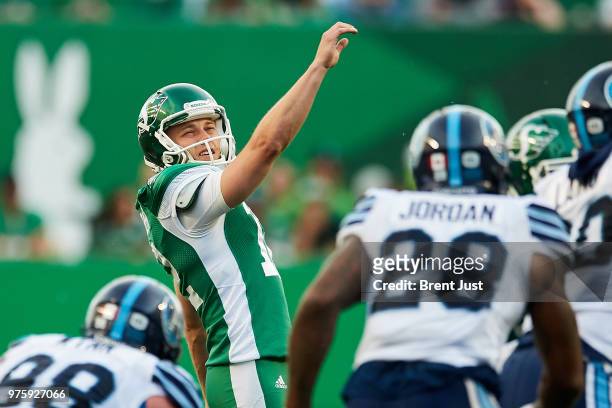 Brett Lauther of the Saskatchewan Roughriders watches a field goal sail through the uprights in the game between the Toronto Argonauts and...