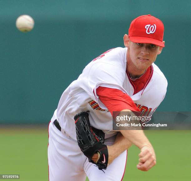Stephen Strasburg of the Washington Nationals pitches against the Detroit Tigers during a spring training game at Space Coast Stadium on March 9,...