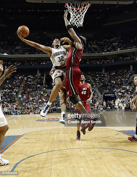 Boris Diaw of the Charlotte Bobcats goes for the layup against the Miami Heat on March 9, 2010 at the Time Warner Cable Arena in Charlotte, North...