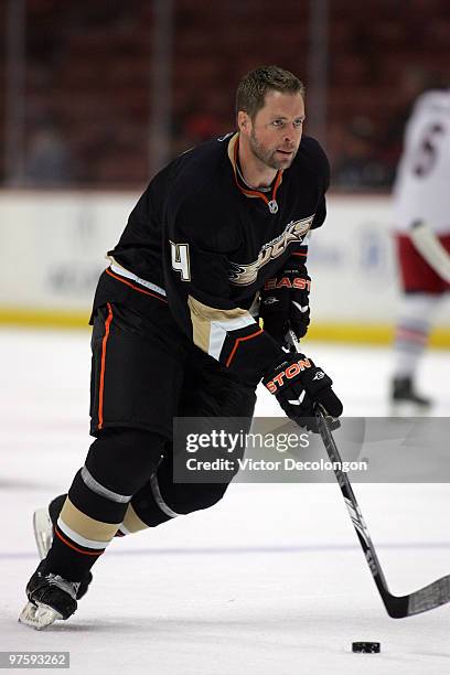 Aaron Ward of the Anaheim Ducks skates during warm-up prior to their NHL game against the Columbus Blue Jackets at the Honda Center on March 9, 2010...