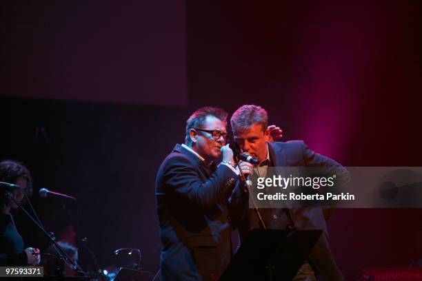 Chas Smash and Suggs from Madness perform on stage during the 'Songs In The Key Of London' event at Barbican Centre on March 9, 2010 in London,...