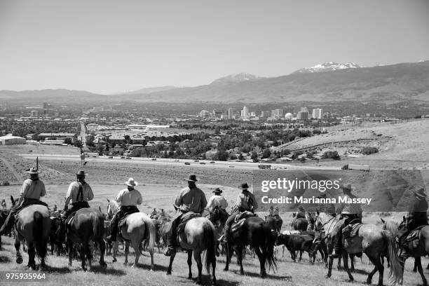 The group crests the hill overlooking the Reno skyline as they make their way back toward Reno on the final day of the drive on June 14, 2018 in...