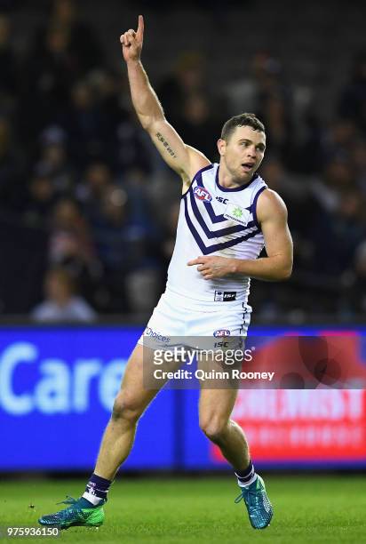 Hayden Ballantyne of the Dockers celebrates kicking a goal during the round 13 AFL match between the Carlton Blues and the Fremantle Dockers at...