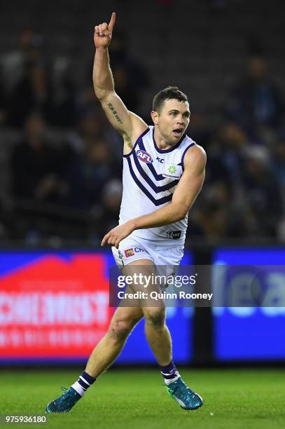 Hayden Ballantyne of the Dockers celebrates kicking a goal during the round 13 AFL match between the Carlton Blues and the Fremantle Dockers at...