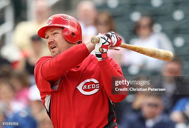 Scott Rolen of the Cincinnati Reds bats against the Kansas City Royals during the MLB spring training game at Goodyear Ballpark on March 8, 2010 in...