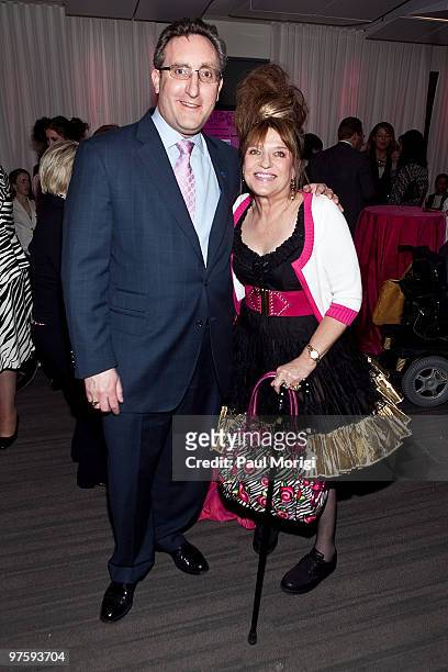 President and CEO Andrew Imparato poses for a photo with Cheryl Sensenbrenner at An Evening with Betsey Johnson hosted by the AAPD at the Recording...