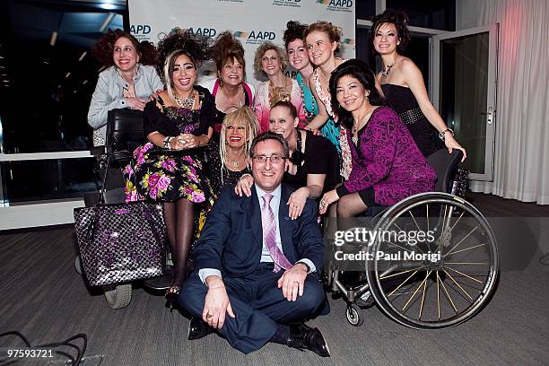 Fashion designer Betsey Johnson and AAPD President and CEO Andrew Imparato pose for a photo with models at An Evening with Betsey Johnson hosted by...