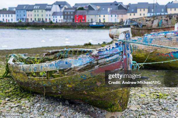 old boats near the claddagh with the long walk and old quays, ireland. - claddagh stock pictures, royalty-free photos & images