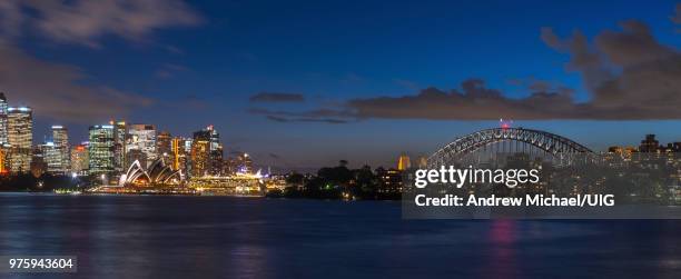 panoramic views of sydney harbor including opera house, bridge and cbd, sydney, australia. - sweeping landscape stock pictures, royalty-free photos & images
