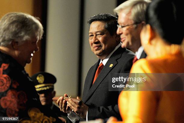 The President of Indonesia Susilo Bambang Yudhoyono is presented with a aboriginal message stick during a welcome to country ceremony before a lunch...