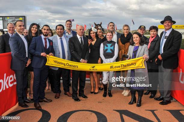 Connections of Showpero after winning the Epi CafÃ© Plate at Moonee Valley Racecourse on June 16, 2018 in Moonee Ponds, Australia.